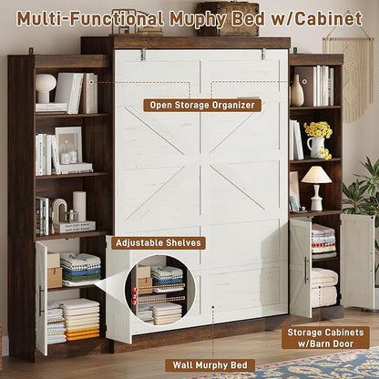 Hlivelood Queen Size Murphy Bed w/2 Storage Cabinet&2 LED Light, Farmhouse Wood Hidden Foldable Wall Bed Frame, Storage Bed Cabinet for Bedroom, Office, Space-Saving, No Box Spring Needed, White