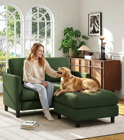 Welzona Loveseat, 51" Small L Shaped Couch, Comfy Teddy Love Seat with Ottoman Set, Tool-Free Setup Loveseat Sofa with Ottoman, All-Wood Small Sofa Couch for Bedroom, Couch for Living Room, Green