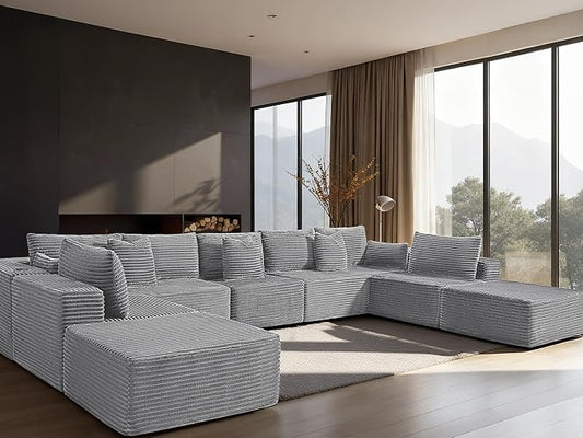 168" Cloud Sectional Couch, Comfort U Shaped Sofa for Living Room, Extra Deep Seats No Assembly, Minimalist Modular Couch, Corduroy (Light Grey, 9 Seats,U-Shape A)
