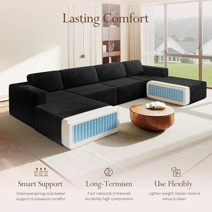 Vesgantti 159" Large Modular Sectional Sofa, U-Shaped Corduroy Cloud Couch with Deep Seats & Spring Support, 4-Seater Boneless Sofa with 2 Movable Ottomans, No Assembly Needed, Black
