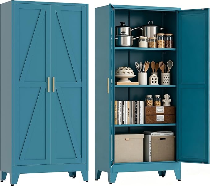 61”H Metal Kitchen Pantry Cabinet, Pantry Cabinets with 2 Doors and 3 Shelves, Kitchen Cabinet for Kitchen, Dining Room, Living Room and Bathroom, Blue