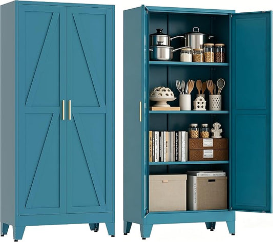 61”H Metal Kitchen Pantry Cabinet, Pantry Cabinets with 2 Doors and 3 Shelves, Kitchen Cabinet for Kitchen, Dining Room, Living Room and Bathroom, Blue