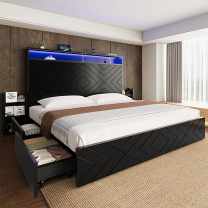 Queen Size Bed Frame with 2 Bedside Stoage Racks & 4 Locking Drawers, 51.2" Tall Headboard with Charging Station & RGB LED Lights, Farmehouse Platform Bed Frame, No Box Spring Needed, Black