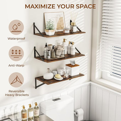 24"W x 12"D Wall Shelves for Books, 12 Inch Deep Floating Shelves Set of 3, Wide Floating Bookshelf with Metal Bracket for Living Room, Kitchen, Office, Bedroom and Decor Storage - Rustic Brown