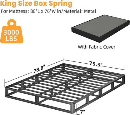 VIPSHOW 7 Inch King Metal Box Spring with Round Corners - 3000 lbs Capacity, High Profile Heavy Duty Mattress Foundation with Steel Slats, Noise-Free, Easy Assemble, Black