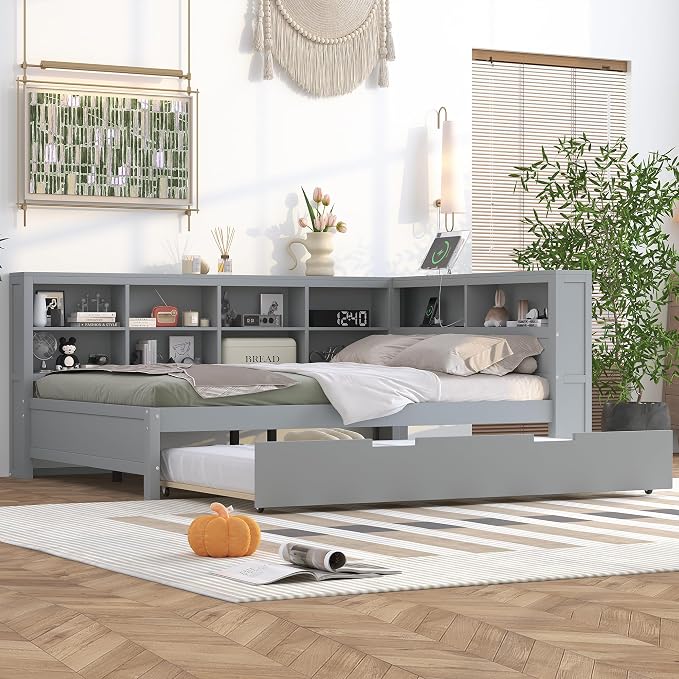 Bellemave Full Corner Bed Frame with Trundle, Wood Full Size Daybed with L-Shaped Bookcase，Daybed with Storage Cabinets, Gray