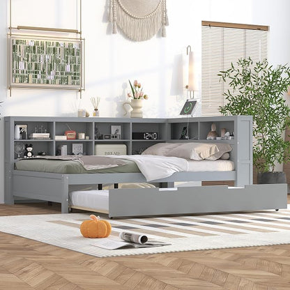 Bellemave Full Corner Bed Frame with Trundle, Wood Full Size Daybed with L-Shaped Bookcase，Daybed with Storage Cabinets, Gray