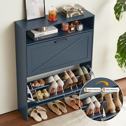 RWYHG Shoe Cabinet Storage for Entryway with 2 Flip Drawers Open Storage Layer Rack Narrow Organizer Slim Hidden Wood Shoe Cabinet Furniture Blue