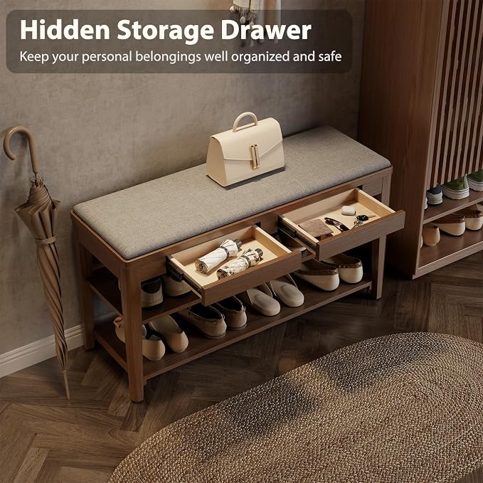 Shoe Bench with Storage, Wooden Shoe Storage Bench with Cushion&Hidden Drawer, 2-Tier Shoe Rack Bench for Entryway, Mudroom, Hallway