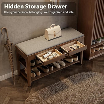 Shoe Bench with Storage, Wooden Shoe Storage Bench with Cushion&Hidden Drawer, 2-Tier Shoe Rack Bench for Entryway, Mudroom, Hallway