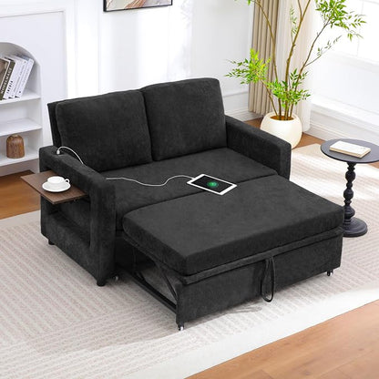 3 in 1 Folding Convertible Sleeper Sofa Bed Pull Out Couch with Side Pockets USB Port Side Table Loveseat Sofa Bed with Adjustable Backrest for Living Room Bedroom 66" Black 2 SEAT