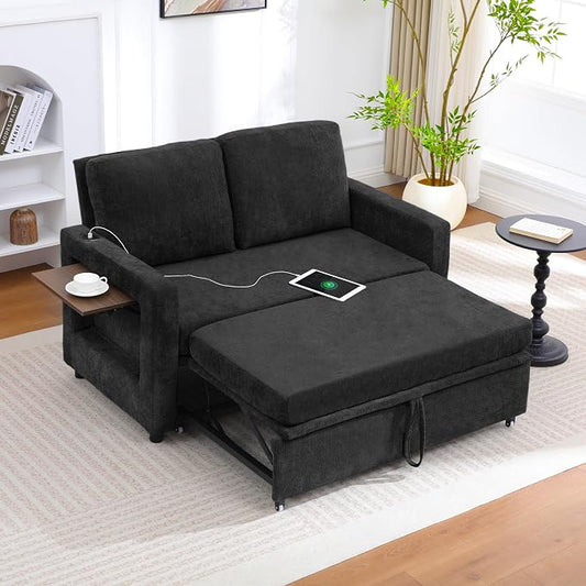 3 in 1 Folding Convertible Sleeper Sofa Bed Pull Out Couch with Side Pockets USB Port Side Table Loveseat Sofa Bed with Adjustable Backrest for Living Room Bedroom 66" Black 2 SEAT