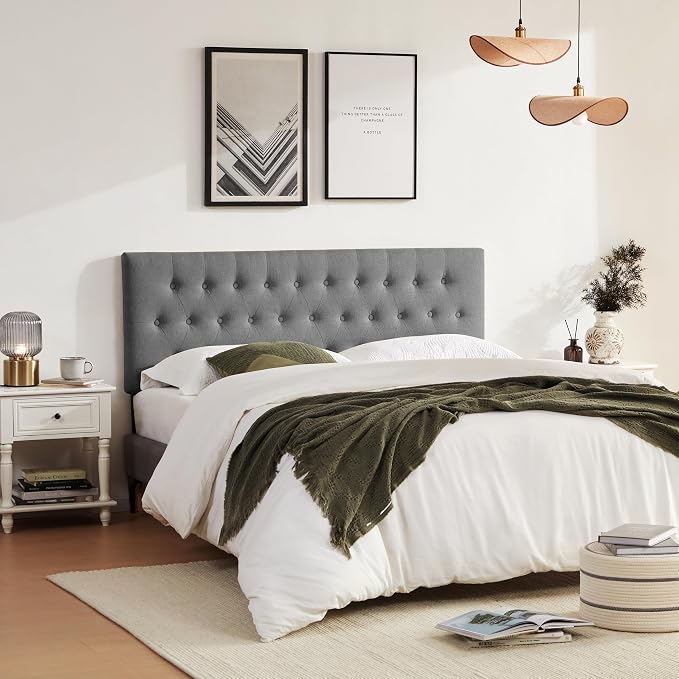 Tufted Upholstered Headboard Full Size, Adjustable Height 37- 51 in, Gray | Sturdy and Durable Solid Wood Full XL Headboard, Fabric Full Headboard Only, Modern Button Diamond Design Head Board