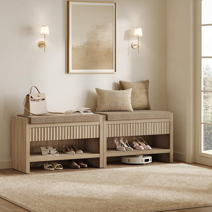 SICOTAS 31.3”W Fluted Entryway Shoe Bench with Cushion & Drawer, Light Oak | Modern Fluted Design, 300 lb Capacity, 19.69"H Ergonomic Seat, Spacious Drawer, Open Shoe Storage, Multi-Room Use