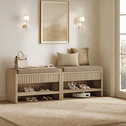 SICOTAS 31.3”W Fluted Entryway Shoe Bench with Cushion & Drawer, Light Oak | Modern Fluted Design, 300 lb Capacity, 19.69"H Ergonomic Seat, Spacious Drawer, Open Shoe Storage, Multi-Room Use