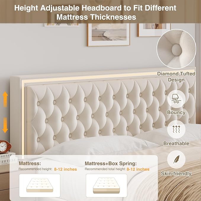 Keyluv Full Size LED Bed Frame with 4 Storage Drawers and Adjustable Headboard, Velvet Upholstered Button Tufted Modern Platform Bed, Solid Wooden Slats Support, Easy Assembly, Beige