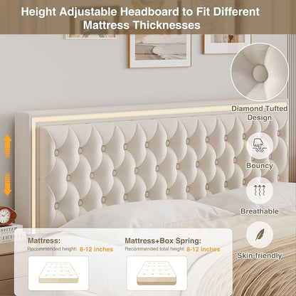 Keyluv Full Size LED Bed Frame with 4 Storage Drawers and Adjustable Headboard, Velvet Upholstered Button Tufted Modern Platform Bed, Solid Wooden Slats Support, Easy Assembly, Beige