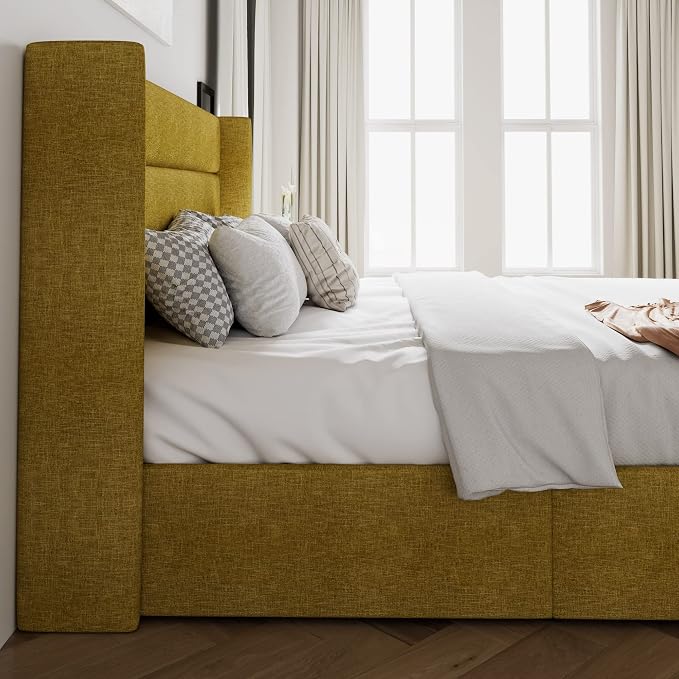 SHA CERLIN Queen Size Lift Up Storage Bed/Modern Wingback Headboard/Upholstered Platform Bed Frame/Hydraulic Storage/No Box Spring Needed/Wood Slats Support/Olive Yellow