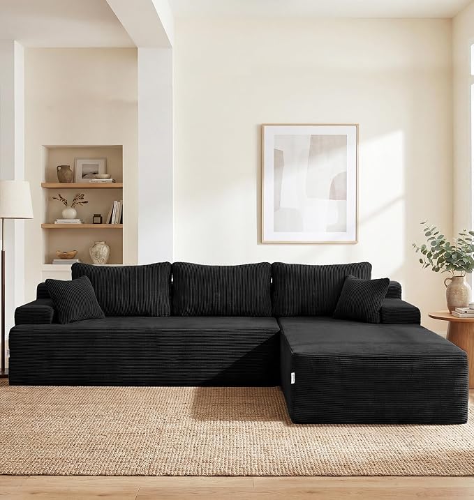 Hobestluk Modular Sectional Sofa Couches L-Shape Couch 3 Seat Modular Sofa Memory Foam Sectional Couches for Living Room, Cloud Couch with Oversized Chaise (Black Corduroy, 108", Right Hand Facing)