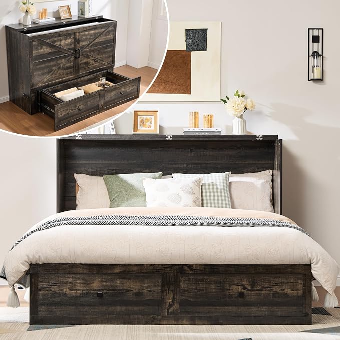 AMERLIFE Full Murphy Bed Cabinet with Charging Station and Storage, Farmhouse Foldable Platform Bed for Guest Room, Office, Small Spaces, Black Oak