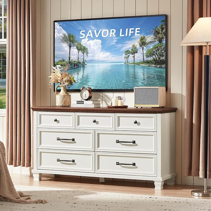 SAVOR LIFE Farmhouse 7 Drawer Dresser for Bedroom, 54” Wood Dresser for Closet, Large Rustic Wooden Dressers, Chest of Drawers for Bedroom, Hallway, Entryway, White