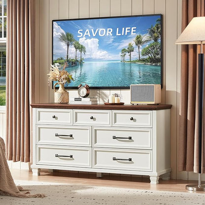 SAVOR LIFE Farmhouse 7 Drawer Dresser for Bedroom, 54” Wood Dresser for Closet, Large Rustic Wooden Dressers, Chest of Drawers for Bedroom, Hallway, Entryway, White
