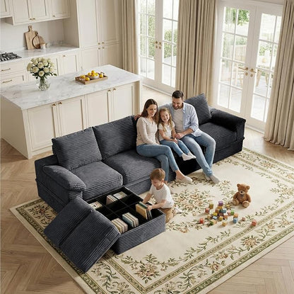 142" Modular U-Shaped Sectional Sofa with Storage, 4-Seat Corduroy Boneless Couch, 27" Deep Seat Cloud Couch & 2 Movable Ottoman, Tool-Free Assembly, Couch for Living Room, Grey