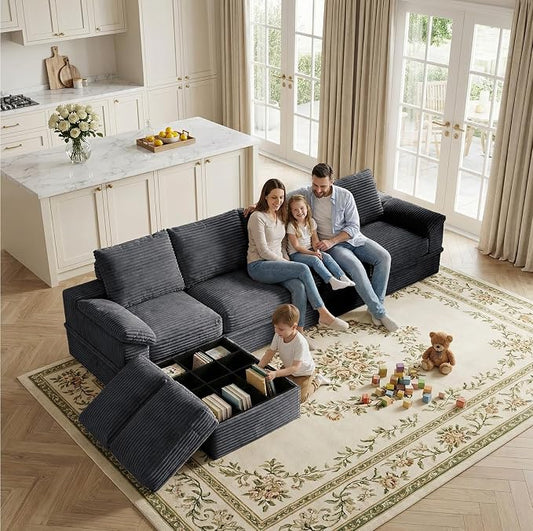 142" Modular U-Shaped Sectional Sofa with Storage, 4-Seat Corduroy Boneless Couch, 27" Deep Seat Cloud Couch & 2 Movable Ottoman, Tool-Free Assembly, Couch for Living Room, Grey