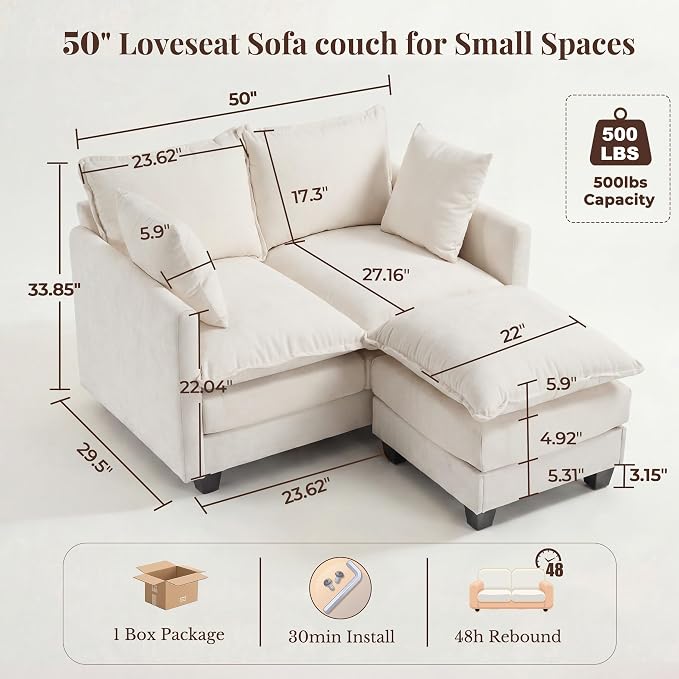 Loveseat Sofa with Ottoman, Cloud 3-Layer Cushion & 27" Deep Seat Modern Small Couch with 2 Washable Pillows for Small Spaces, Bedroom, Apartment, Office, Living Room, in a Box, 50-Inch Beige