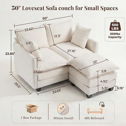 Loveseat Sofa with Ottoman, Cloud 3-Layer Cushion & 27" Deep Seat Modern Small Couch with 2 Washable Pillows for Small Spaces, Bedroom, Apartment, Office, Living Room, in a Box, 50-Inch Beige