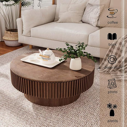 Round Coffee Table with Storage, Modern Wooden Coffee Table with Solid Wood Veneered, Circle Center Table Accent Tea Table for Living Room Apartment Small Space (31.5''L × 31.5''W × 14''H, Walnut)