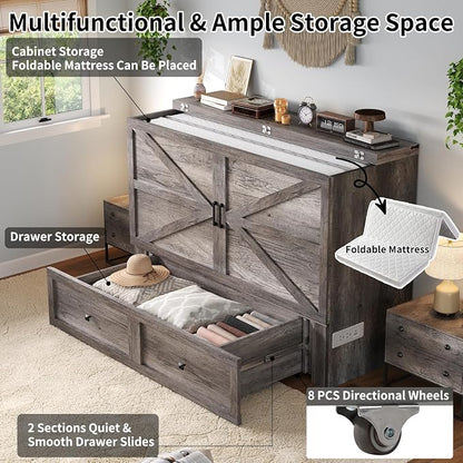 LUXOAK Full Size Murphy Bed, Cabinet Bed with Charging Station Large Storage Drawer for Home Office or Small Room, Hideaway Full Foldable Platform Bed, Rustic Grey