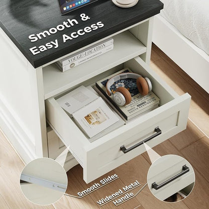 DUMOS Farmhouse Nightstand with Charging Station & USB Ports, Wood Bedside Table with 2 Spacious Storage Drawers and Open Shelf, Minimalist Modern End Table for Bedroom, White