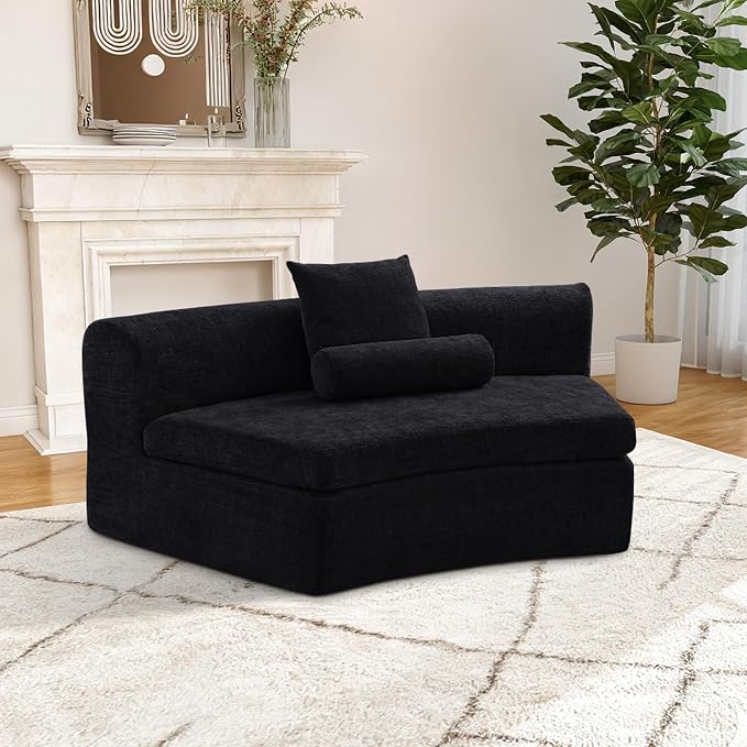 AVZEAR Curved Modular Sectional Sofa, Chenille Upholstered Cloud 1 Seater Couch for Living Room, No Assembly Modern Love Seat Sofa with 1 Bolster Pillows & 1 Square Pillows, High-Density Foam, Black