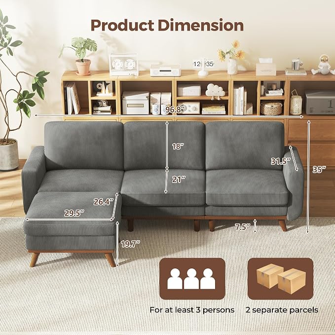 L-Shaped Sectional Sofa, 3-Seater Convertible Couch with Ottoman, FSC Certified Solid Wood Frame, Spring Cushions, Curved Armrests, Comfort Corduroy Sofa for Living Room, Apartment, Office, Dark Gray