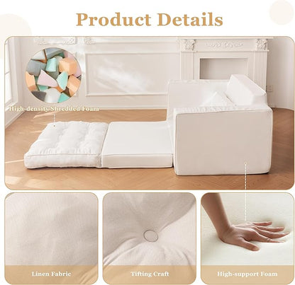 YOSHOOT Loveseat Boneless Couch,55" Convertible Sofa Bed Futon Couches for Living Room,3-in-1 Pull Out Floor Couch with Backrest and Pillows, White