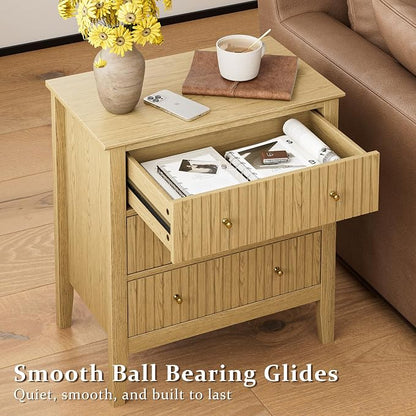 Night Stand, Fluted 3 Drawer Wide Farmhouse Nightstand with Gold Handle, Modern Wooden Bedside End Table for Bedroom, Living Room, Oak
