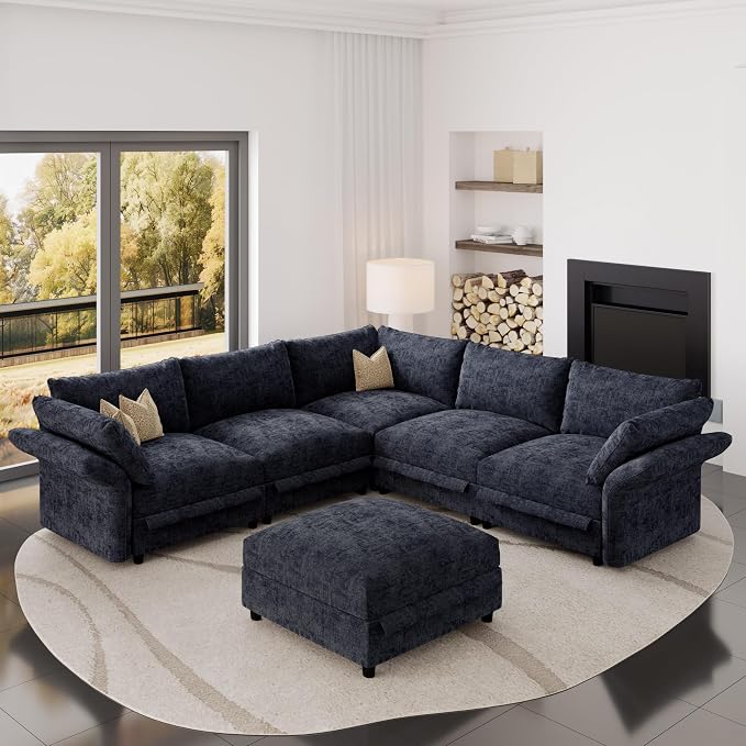 DreamDashio 126″ 6-Seat Modular Sectional Sofa, Oversized Cloud Couch with Storage, Adjustable Arms & High Backs, Dark Grey Chenille for Living Room