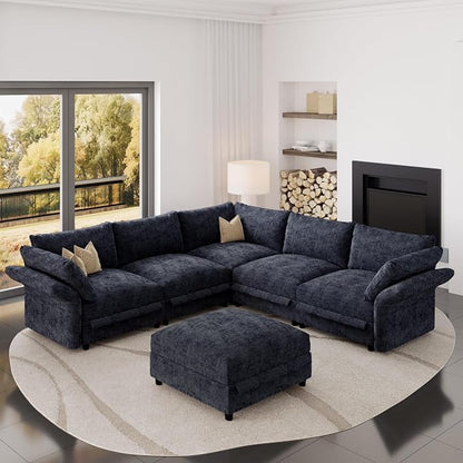 DreamDashio 126″ 6-Seat Modular Sectional Sofa, Oversized Cloud Couch with Storage, Adjustable Arms & High Backs, Dark Grey Chenille for Living Room