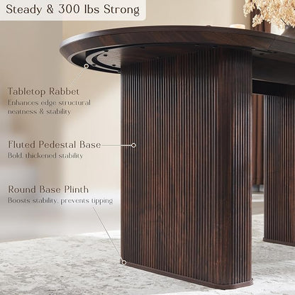 T4TREAM 63" Fluted Oval Dining Table for 4-6, Mid-Century Modern Kitchen Table with Thickened Edge & Strip Pedestal Base, Wood Luxury Table for Dining Room/Kitchen/Home Office, Walnut (Table Only)