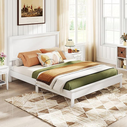 GOFLAME Queen Size Wood Bed Frame, Mid-Century Modern Platform Bed with Headboard, Solid Wood Legs, Mattress Foundation with 12 Wooden Slats, No Box Spring Needed, White