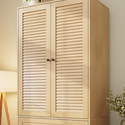 Garvee 70" Wardrobe Armoire Wooden Closet with 2 Doors and 3 Drawers, Bedroom Armoire with Hanging Rod Shelf, Large Capacity Storage Wardrobe Armoire, Freestanding Wooden Closet Storage Cabinet