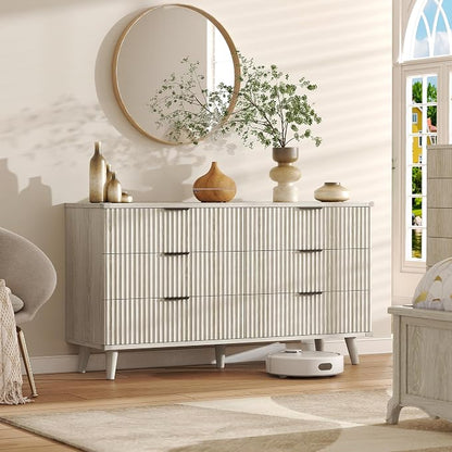 Lulive Wood Dresser for Bedroom with 6 Drawers, 53.2" Long Fluted Modern Chest of Drawers Storage Organizer, Dressers TV Stand for Living Room, Closet, Hallway (White Oak)