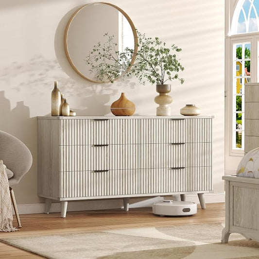 Lulive Wood Dresser for Bedroom with 6 Drawers, 53.2" Long Fluted Modern Chest of Drawers Storage Organizer, Dressers TV Stand for Living Room, Closet, Hallway (White Oak)