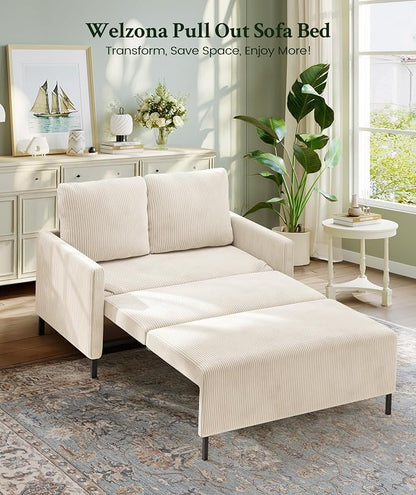 Welzona 47.2" Convertible Sofa Bed Couch, Comfy Corduroy Loveseat Sleeper Sofa, 620lbs Capacity Couch Bed, Easy Setup Love Seat Sleeper Bed 2 Pillows, Small Couches for Living Room/Office, Ivory White