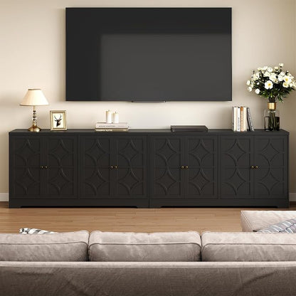 RoyalCraft 112'' Buffet Cabinet with Storage, Modern Sideboard with 4 Carved Doors, Large Wood Coffee Bar Console Table for Kitchen, Dining Room, Entryway, Living Room, Satin Black