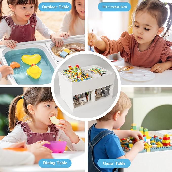 Easyego Kid Sensory Table with Storage - Activity Table with Building Block Boards & Foldable Storage Bins, Birthday Gifts for Boys and Girls - White