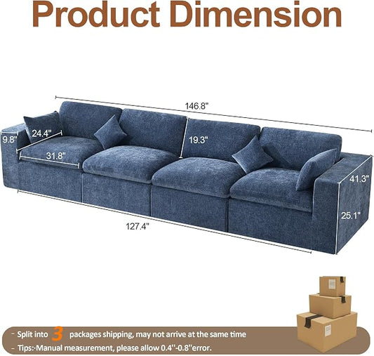 146''Cloud Boneless Sectional Couch, Modular Sectional Sofa Deep Seat, Oversized Upholstered Convertible Comfy 4 Seater Chenille Memory Foam Sofa Couches for Living Room, Blue