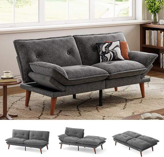LINSY HOME Futon Sofa Bed, 70" Chenille Futon Couch with Adjustable Backrest Armrest, 3 in 1 Convertible Comfy Loveseat Sleeper Sofa Bed for Small Spaces Dorm Room Apartment Home Office(Dark Grey)