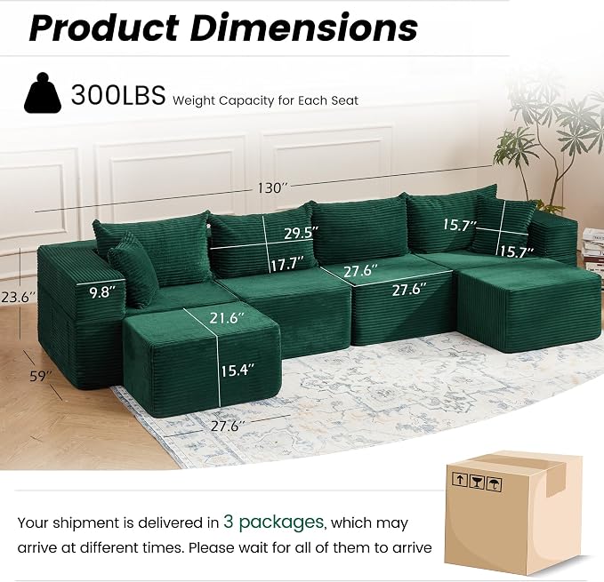 HOMREST 131" Cloud Couch Sectional, U Shaped Modern Sofa with 2 Ottomans, Comfy Corduroy Fabric Modular Sectional Sofa in a Box, Boneless Couches for Living Room, No Assembly Required (Green)